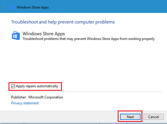 Apply repairs automatically for troubleshooting to fix windows 8 apps not working