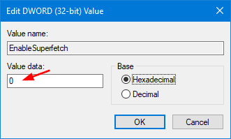 To disable SuperFetch, change Value Data to 0 and click OK