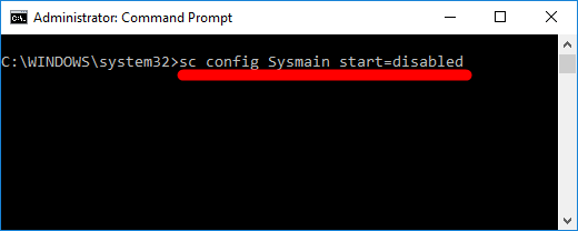Type “sc config sysmain start=disabled” and press Enter