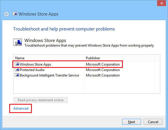 Use the Official App Diagnostic Tool (Window 8 app troubleshooter)