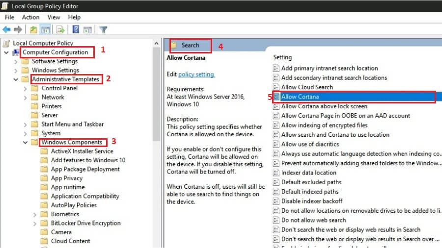 disable Cortana in Windows 10 using Group Policy