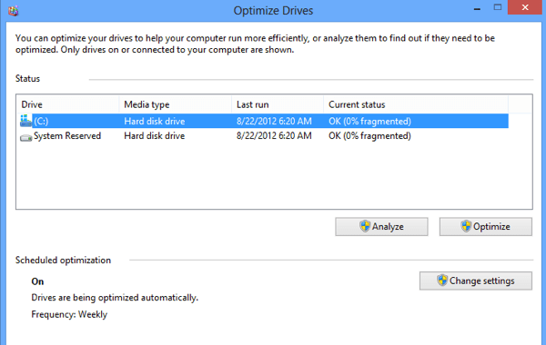 select drives and click on Analyse to defrage windows 8.1