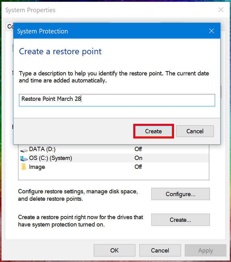 Create a name for your restore point and click on create button