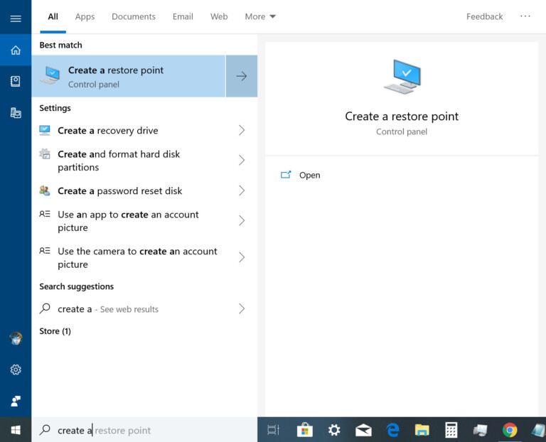 create a restore point to Enable System Restore on Windows 10