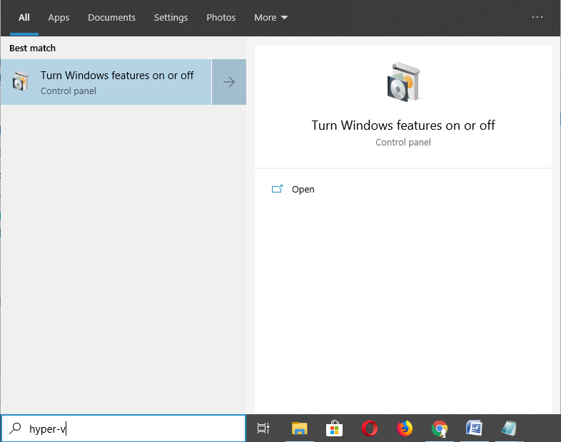 Type Hyper-V in the taskbar's search field and press the Enter key on your keyboard.
