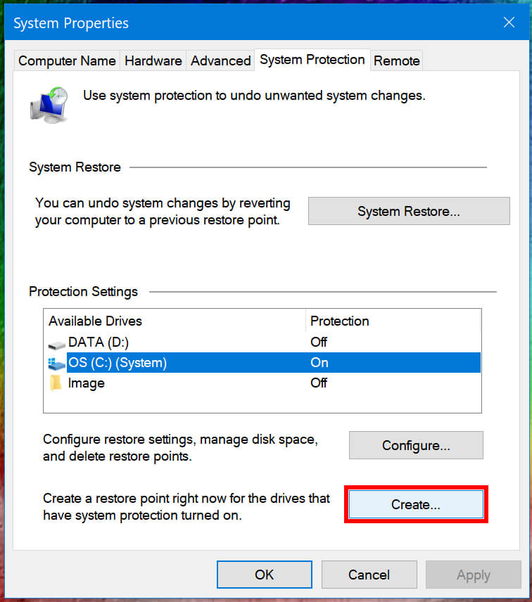 create a system restore point on Windows 10