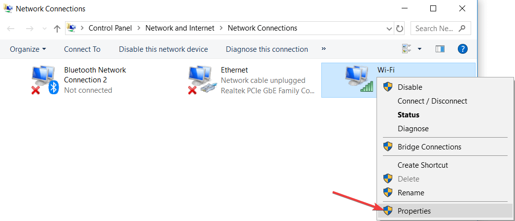 select the active network connection and then right-click on it and choose Properties