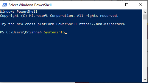 type Systeminfo in powershell command box