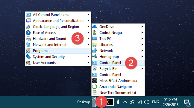 Get Control Panel via the Desktop Toolbar on the Taskbar