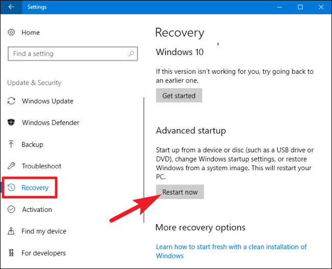 Use Recovery Options to Access Windows 10 Safe Mode - click on Recovery option