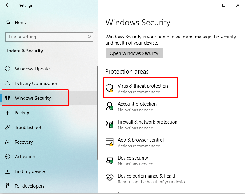 Open Windows security and then Virus and threat protection
