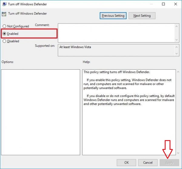 Select Enable option to turn off windows defender