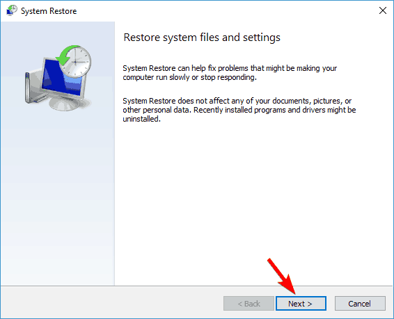 Click next on system restore